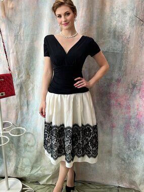 📌J.R. Nites Black & White Cocktail - Party Dress with Lace & Fitted Top Part